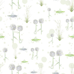 GRASSHOPPERS, GLOBE THISTLE AND GRASS PATTERN